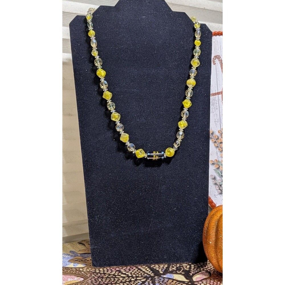 Vintage Lemon Yellow Art Glass Beaded Necklace Lampwork Focal Bead Boho